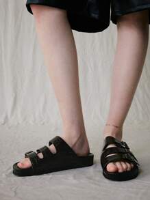 Solecia Casual Black Flat Sandals With Metal Square Buckle, Ideal For Vacation Spring Break Easter - Brown - View 4