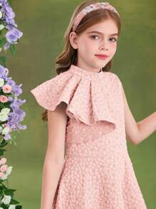 SHEIN Vestido ajustado con cuello erguido, volantes en el bajo y tejido jacquard para niñas preadolescentes - Rosa Pálido - Ver 3