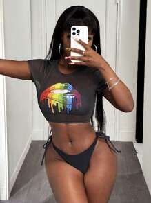 Slaydiva 3pcs/Set Women Solid Black Halter Elegant Bikini Swimsuit For Summer Beach Vacation - Multicolor - View 2
