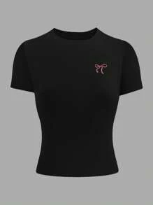 INAWLY Kaos Wanita Ukuran Besar Model Slim Fit dengan Desain Pita Bordir - Hitam - View 3