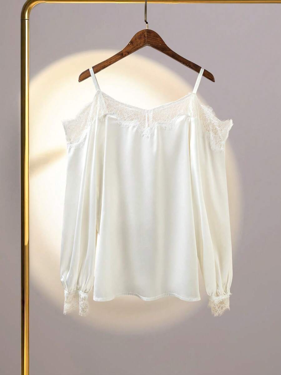 SHEIN Clasi Plus Size Women Off Shoulder Elegant Long Sleeve Blouse Suitable For Outings, Vacation And Daily Wear, Spring/Summer - Apricot - View 1