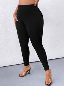 SHEIN LUNE 大码女式高腰紧身裤，配侧面花卉贴花和网眼布