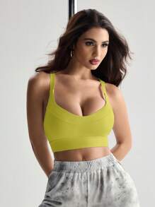 Menodora SHEIN Sport Women's Solid Color Round Neck Criss-Cross Back Supportive Sports Bra Dancewear - Yellow - View 3