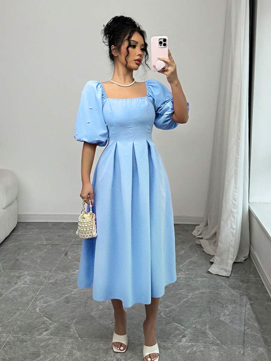 Rafferiza Váy nữ cổ vuông tay bồng xếp ly ngọc trai viền bèo nhún, đa năng cho mùa xuân/hè - Màu xanh nhạt - Xem 1