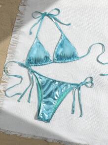 Swim Vcay Solid Color Neck Tie Split Bikini Swimsuit, Summer - Blue - View 4