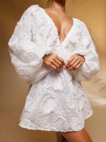 Hauture Women's Deep V-Neck Jacquard Lantern Sleeve Sexy Mini Dress - White - View 4