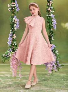 SHEIN Vestido ajustado con cuello erguido, volantes en el bajo y tejido jacquard para niñas preadolescentes - Rosa Pálido - Ver 6