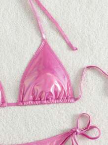 Vacation Beach Solid Color Bikini Swimsuit For Summer - Pink - View 5