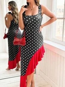 Flirla Plus Size Polka Dot Print Ruffle Hem Sleeveless Dress - Black - View 6