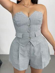 POPSWAY 2pcs Plus Size Women Striped Open Shoulder Shirt Top & Striped Pocket Hem Shorts Set, Spring/Summer