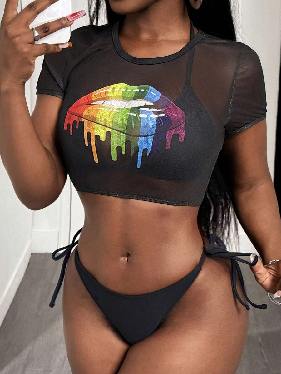 Slaydiva 3pcs/Set Women Solid Black Halter Elegant Bikini Swimsuit For Summer Beach Vacation - Multicolor - View 1