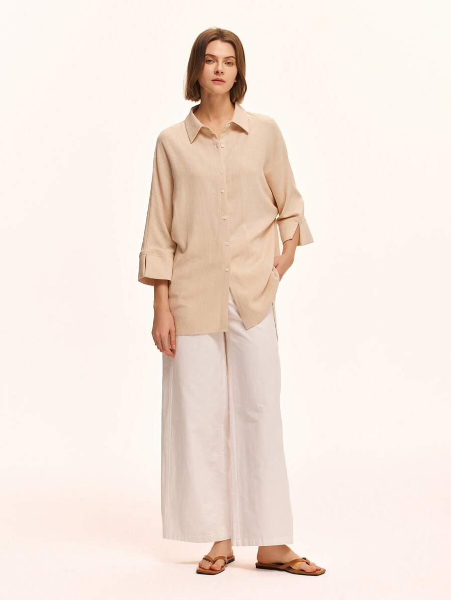 SHEIN Unity 女士简约休闲假日纯色前扣宽松长袖衬衫 - 杏色 - 查看 1