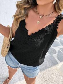 SHEIN LUNE Canottiera casual con scollo a V profondo, con balze, senza schienale, in jacquard a pois, di taglia comoda, adatta per vacanze