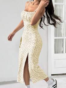 Muchica Red & Blue Ditsy Floral Spaghetti Strap Side Slit Fitted Mid-Length Dress, Spring/Summer,Butter Yellow - Light Yellow - View 6