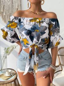 Breezaya Damen Urlaubs Hawaiian Stil bedrucktes Off-Shoulder Bluse ohne Träger für den Sommer