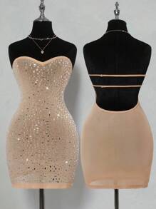 SHEIN ICON Đầm bó sát quyến rũ đính đá Rhinestone dành cho nữ - Màu Khaki - Xem 7