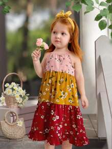 SHEIN Gaun Bayi Perempuan Longgar Kasual Sederhana Nyaman Manis Imut Motif Bunga Patchwork - Berwarna merah muda - View 5
