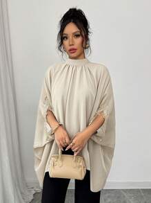 Selianne 时尚蝙蝠袖黑色优雅宽松设计金色蕾丝边女式衬衫，适合春夏季 - 米色 - 查看 5