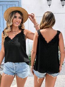 SHEIN LUNE Canottiera casual con scollo a V profondo, con balze, senza schienale, in jacquard a pois, di taglia comoda, adatta per vacanze