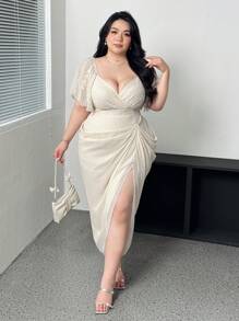 Vibekara 大码女式春夏心形领口荷叶边袖短袖上衣和刺绣纹理雪纺连衣裙，优雅休闲派对装