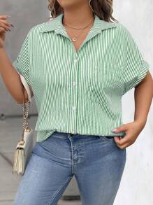 Flirla 大码夏季休闲条纹纽扣前蝙蝠袖衬衫