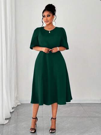 Maweii Damen Große Größen Kleid mit Webstruktur und Puffärmeln