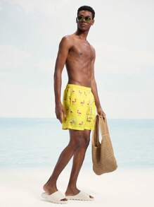 Surfspeed Men's Animal Print Drawstring Waist Pocket Beach Shorts - Yellow - View 5