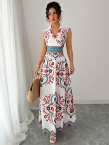 Elenzga Women's V-Neck Cinched Waist Flared Hem Casual Vacation Print Sleeveless Dress - Multicolor - View 6