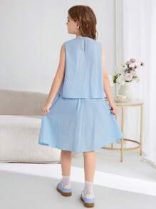 SHEIN Tween Girls Comfort Solid Color Crew Neck Sleeveless Top And A-Line Skirt Set - Blue - View 3