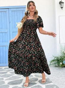 SHEIN Holidaya Đầm mùa hè tay bèo nhún cổ vuông họa tiết hoa cỡ lớn cho nữ - Nhiều màu - Xem 3