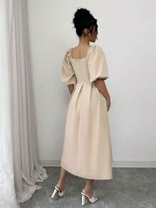 Rafferiza Square Collar Puff Sleeve Ruched Puff Women's Dress, Versatile For Spring & Summer - Khaki - View 2