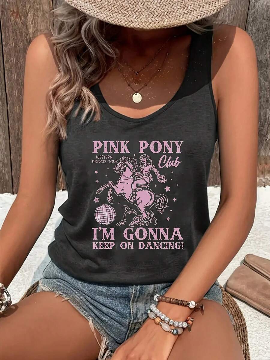 女士休闲圆领背心，粉色俱乐部图案，针织面料，常规版型，字母贴花印花，时尚上衣，适合春夏秋季穿着 - 深灰色 - 查看 1