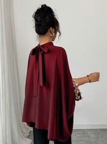 Elenzga 全新春夏蝙蝠袖黑色设计宽松优雅花卉蕾丝边女式衬衫 - 酒紅色 - 查看 2