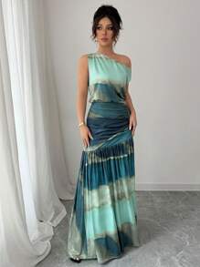 Elenzga 优雅褶饰腰部露肩领女式连衣裙 - 彩色 - 查看 6