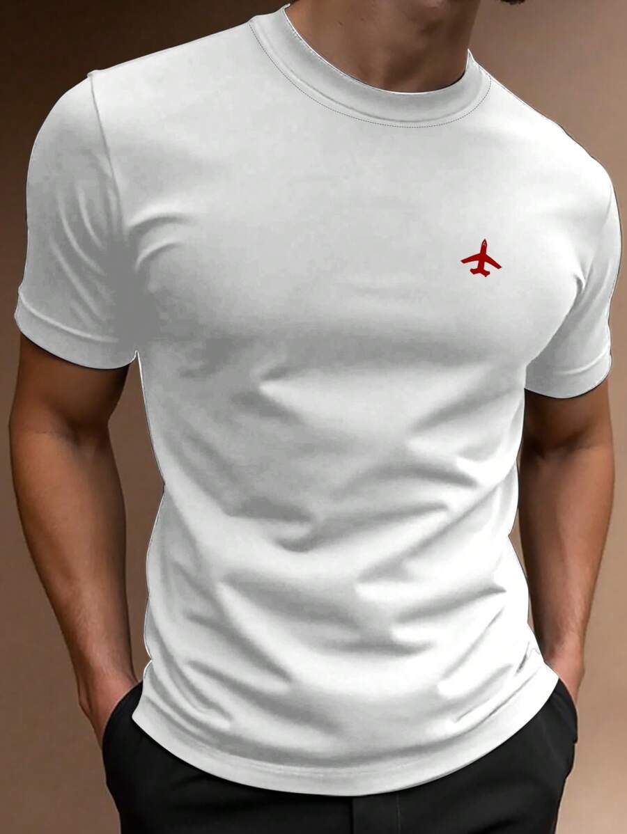 Manfinity Homme Áo thun nam cổ tròn tay ngắn in hình máy bay thường ngày, mùa hè - trắng - Xem 1
