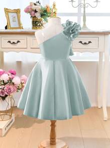 SHEIN Leap Crew Young Girl Asymmetrical 3D Rose Flower Petal Decor Off-Shoulder Sleeveless Solid Color A-Line Dress, Burgundy Color, Ramandan Style Matching Family Vacation, Vintage & Cute & Elegant & Fashionable, Partywear, Gorgeous Princess, Mom And Daughter & Sisters Matching.Spring/Summer - Green - View 3