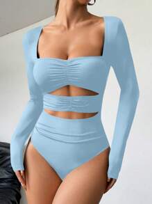 SHEIN Unity 女士方领长袖镂空修身优雅紧身连体衣长袖泳衣黑色长袖紧身连体衣