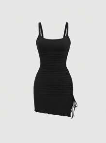 Sweetra Y2K Sexy Asymmetrical Hem Drawstring Casual Dress - Black - View 3