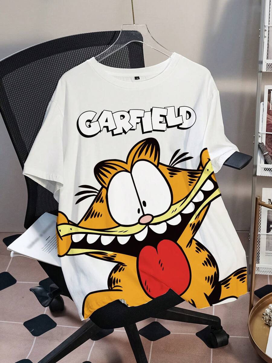 GARFIELD | SHEIN Plus Size Cartoon Graphic Print Casual Round Neck Short Sleeve T-Shirt - White - View 1