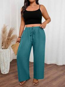 SHEIN LUNE Plus Size Women Casual Straight Leg Pants With Elastic Waist & Side Ruffle Design - Green - View 4