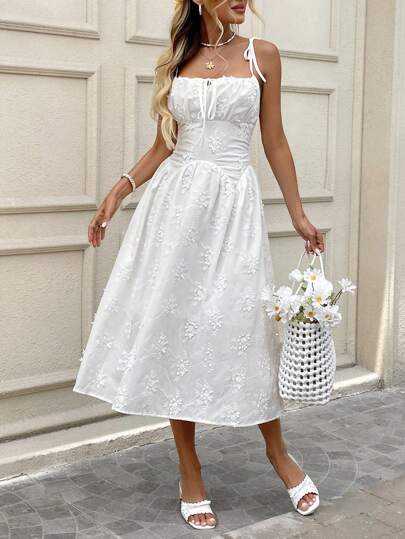 SHEIN LUNE Adjustable Strap, Bowknot Drawstring, Ruched Bust, Back Gathered A-Line Flounce Hem Embroidered Pattern Fabric Casual Vacation Elegant Midi Dress For Women