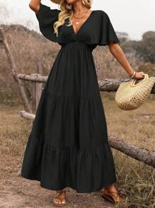 Breezaya Đầm dài tay bồng xếp nếp cổ chữ V màu trơn phong cách Bohemian cho kỳ nghỉ bãi biển dành cho nữ, mùa xuân/hè - màu đen - Xem 3