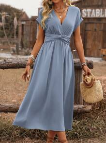 EMERY ROSE 女士春夏波西米亚风格度假休闲 V 领腰部结饰抽绳交叉后背、荷叶边下摆短袖中长连衣裙