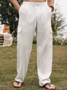 Manfinity RSRT Men's Drawstring Waist Cargo Pocket Casual Pants, Versatile - White - View 4