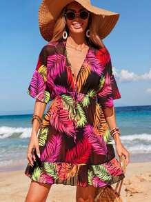 Swim Lushoire 女士热带植物印花沙滩罩衫连衣裙，夏季 - 玫紅色 - 查看 5