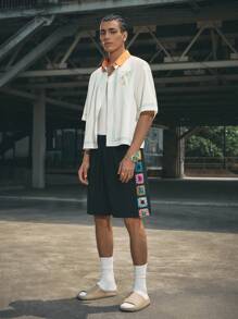 AXEPEAK Men's Casual Woven Colorblock Collar Palm Tree Digital Print Short Sleeve Shirt - Multicolor - View 3