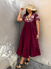 SHEIN Holidaya Váy dài tay thêu hoa phong cách nghỉ mát cỡ lớn - Màu Đỏ Sâu - Xem 4