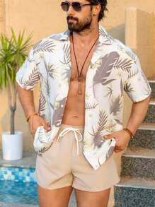 Surfspeed Men's Plants Print Short Sleeve Shirt And Shorts Beach Set - Apricot - View 8