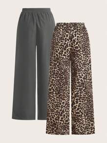 SHEIN EZwear 2 件套女士黑色豹纹阔腿裤套装 - 灰色 - 查看 2