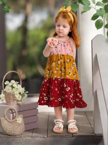 SHEIN Gaun Bayi Perempuan Longgar Kasual Sederhana Nyaman Manis Imut Motif Bunga Patchwork - Berwarna merah muda - View 3